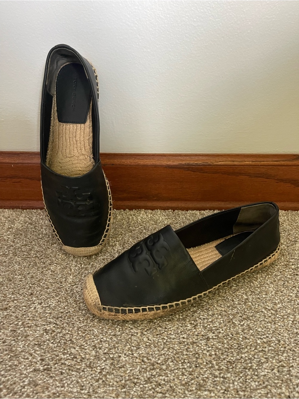 Tory Burch Black Leather Espadrille Slip-On Flats